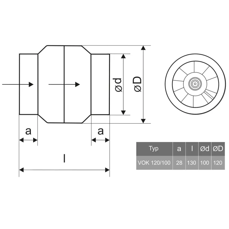 Varmebestandig kanalavtrekksvifte VOK-T 120/⌀100mm, 150 m³/t